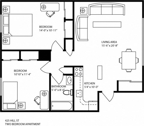 Floor plan for 2 beds, 1 bath, 767 sqft